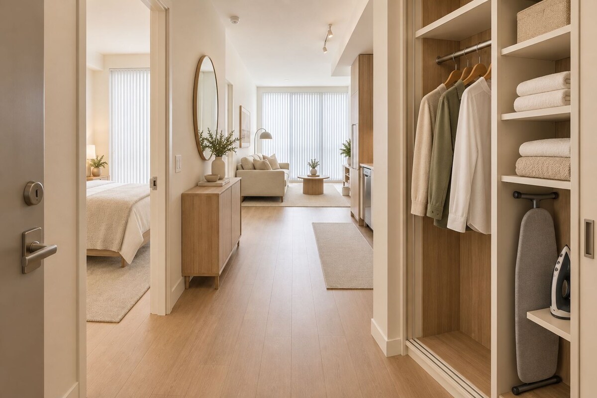 Ein modernes Hotelzimmer mit begehbarem Kleiderschrank, einem Bett, einer Sitzecke und Blick ins Freie.