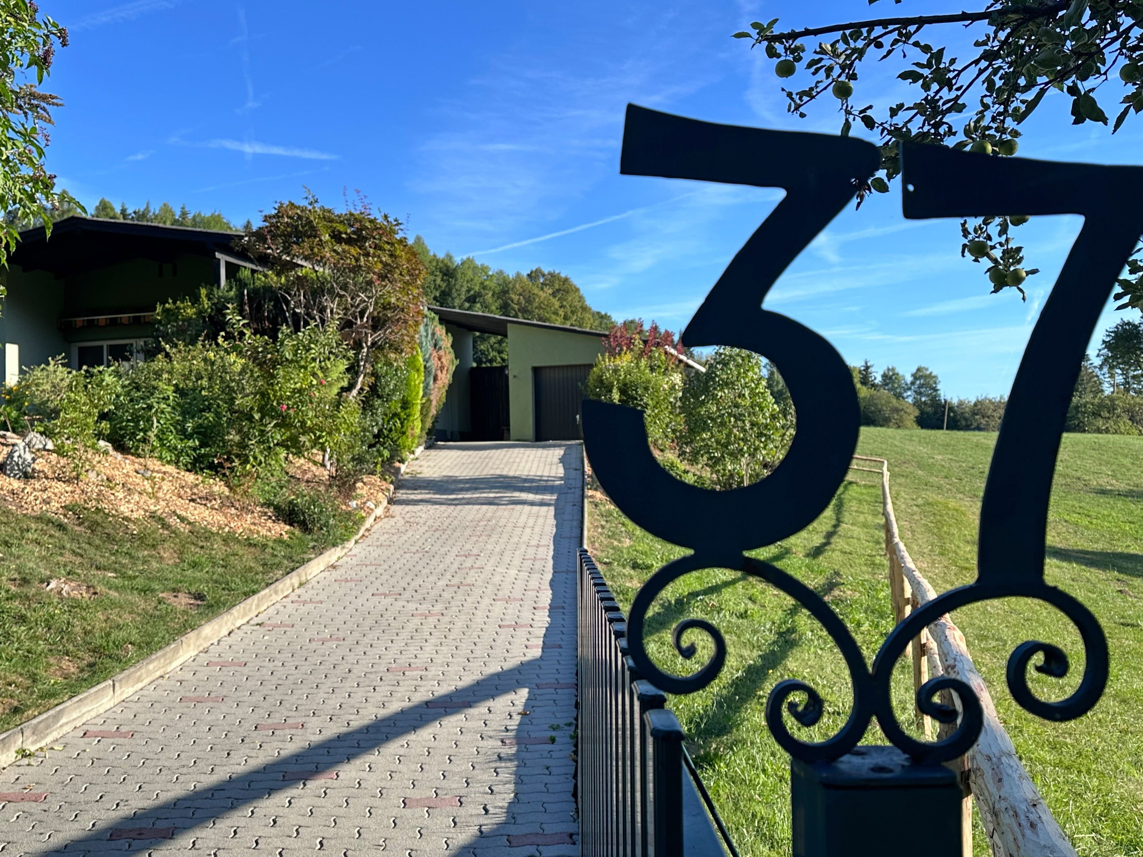 A paved pathway leading to a building with a large number '37' sign, surrounded by greenery and a clear sky.