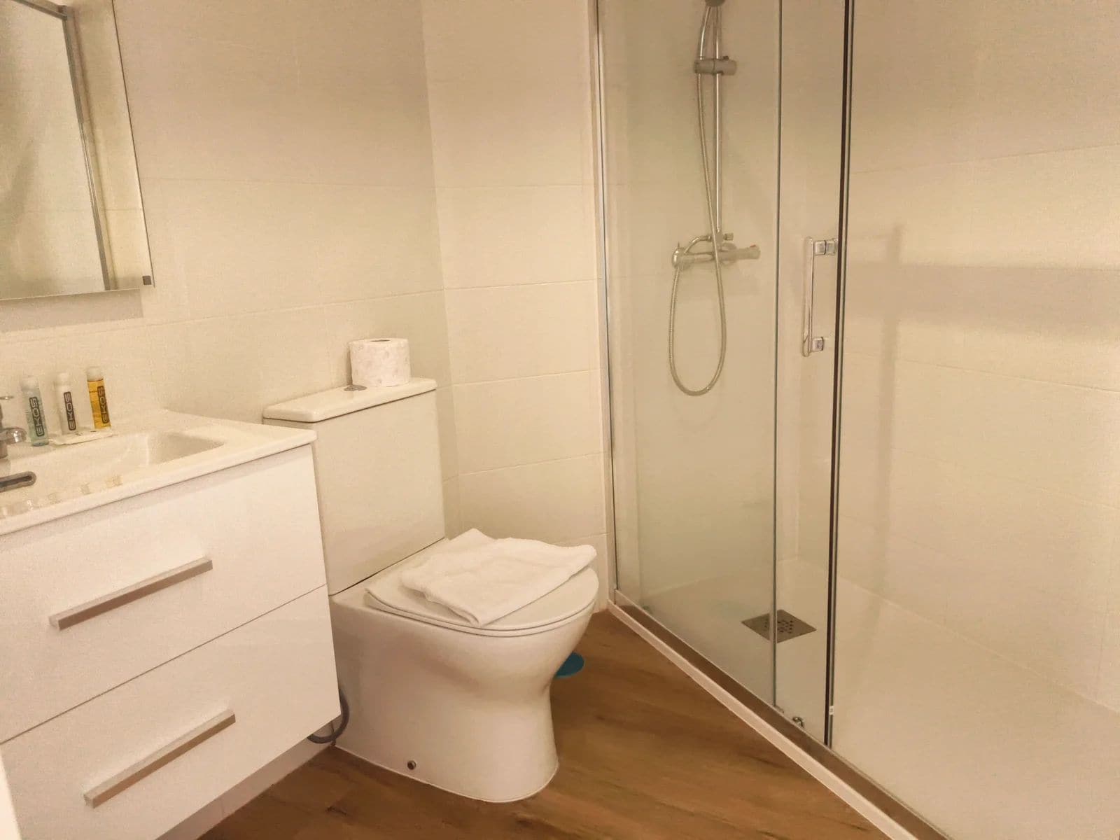 Un baño moderno con inodoro, lavamanos y ducha envuelta en vidrio.