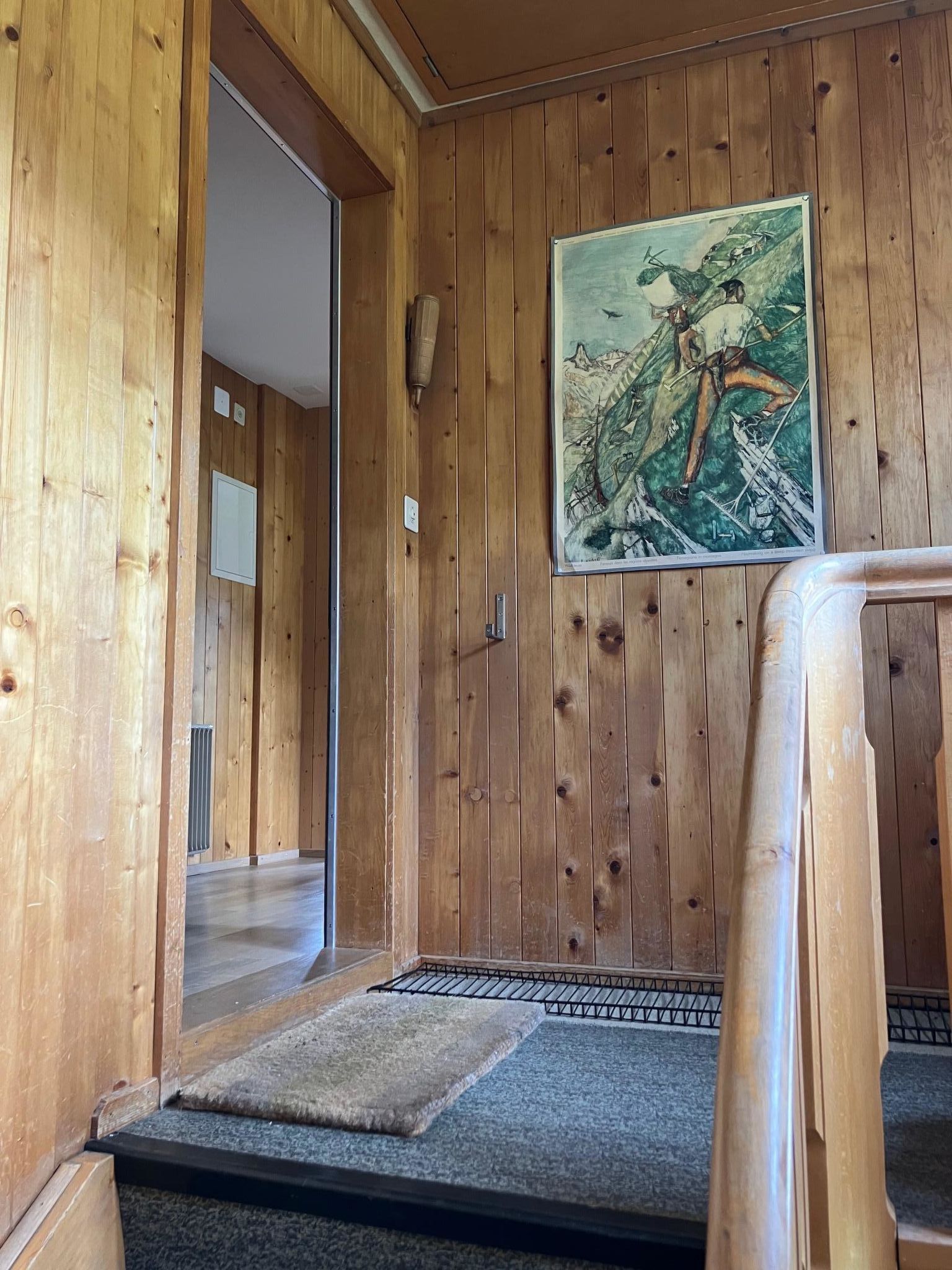 A wooden interior with a framed painting on the wall, a door, and a carpeted entrance.