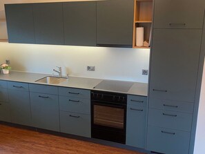 A modern kitchen with grey cabinets, a stainless steel sink, and a built-in oven. - Haus Abäsonne Appartement/Fewo, Bad, WC, 1 Schlafraum 2.5 Zimmerwohnung by Interhome (Adelboden)