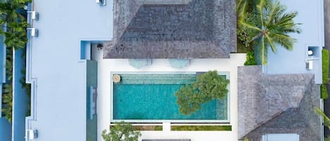A modern resort with a central swimming pool, surrounded by palm trees and a blue building facade.
