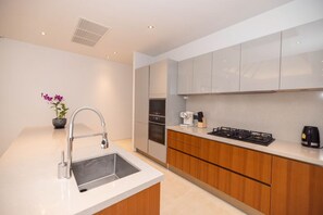 A modern kitchen with a stainless steel sink, wooden cabinets, and a built-in stove.