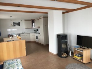 A compact living space with a kitchenette, a television, and a fireplace.