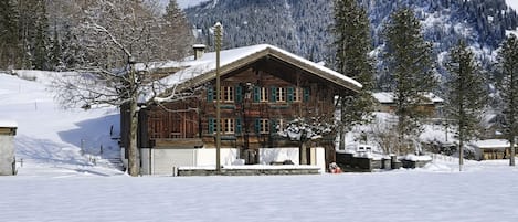 Eine Holzhütte mit geneigtem Dach, umgeben von schneebedeckten Bergen und Bäumen.