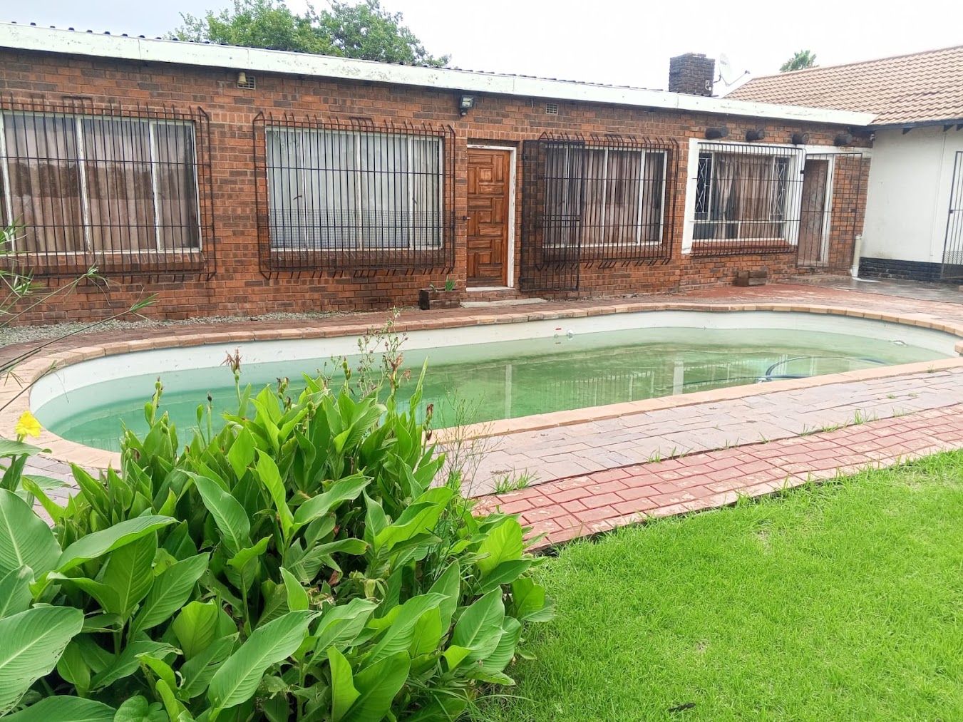 Una casa de ladrillo con piscina, rodeada de plantas verdes y un césped.