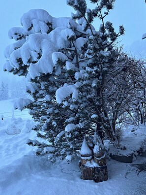 A snow-covered pine tree with a wooden stump base. - Ferienwohnung Gehrihorn Appartement/Fewo, Dusche, WC, 2 Schlafräume by Interhome (Frutigen)