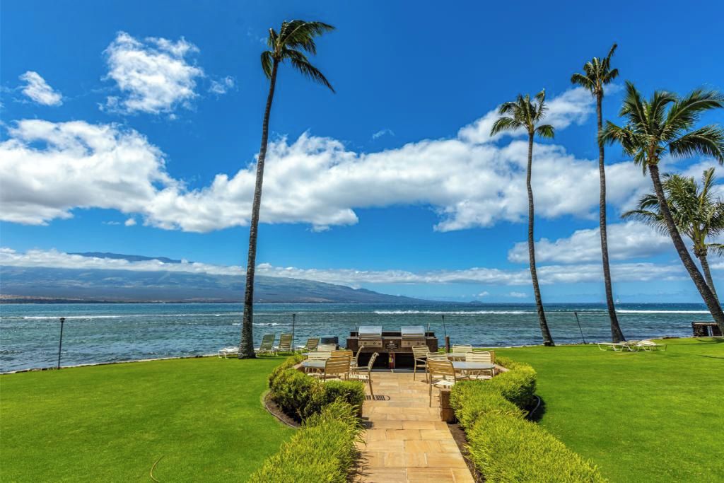 A patio with a grill and seating area overlooking a body of water, surrounded by palm trees.