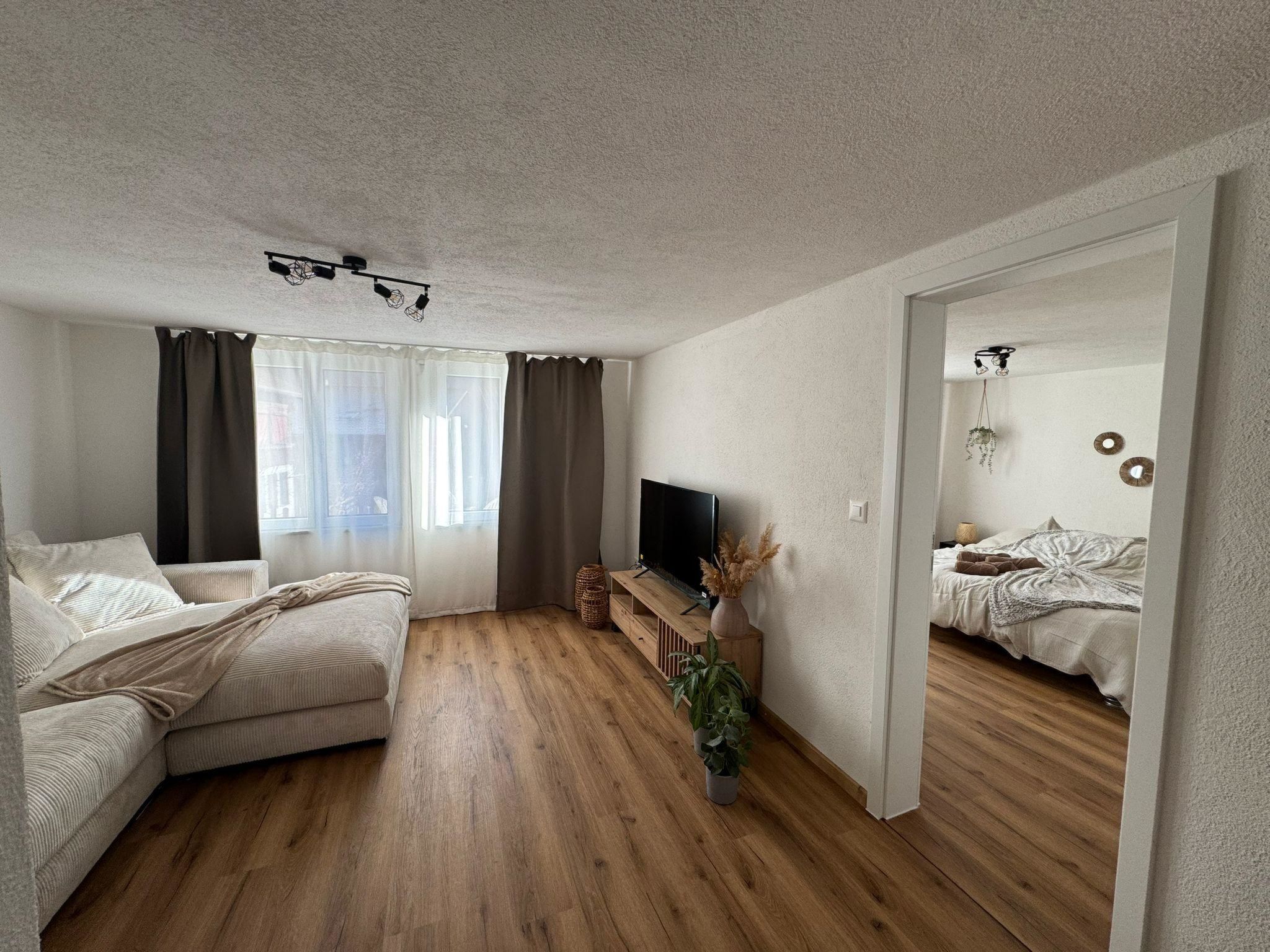 Een moderne woonkamer met een bank, een televisie en een houten vloer.