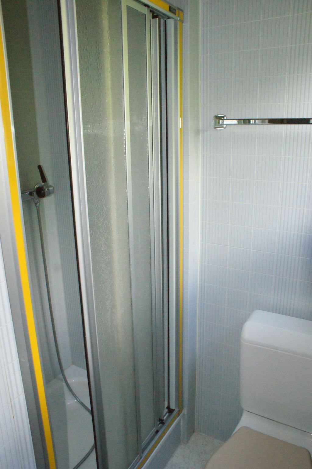 Un baño con cabina de ducha de vidrio, inodoro blanco y toallero.