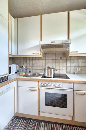 A compact kitchen with white cabinets, a stove, a microwave, and a sink. - 4_3 Apartment WildentenNest Zellersee by Interhome (Zell am See)
