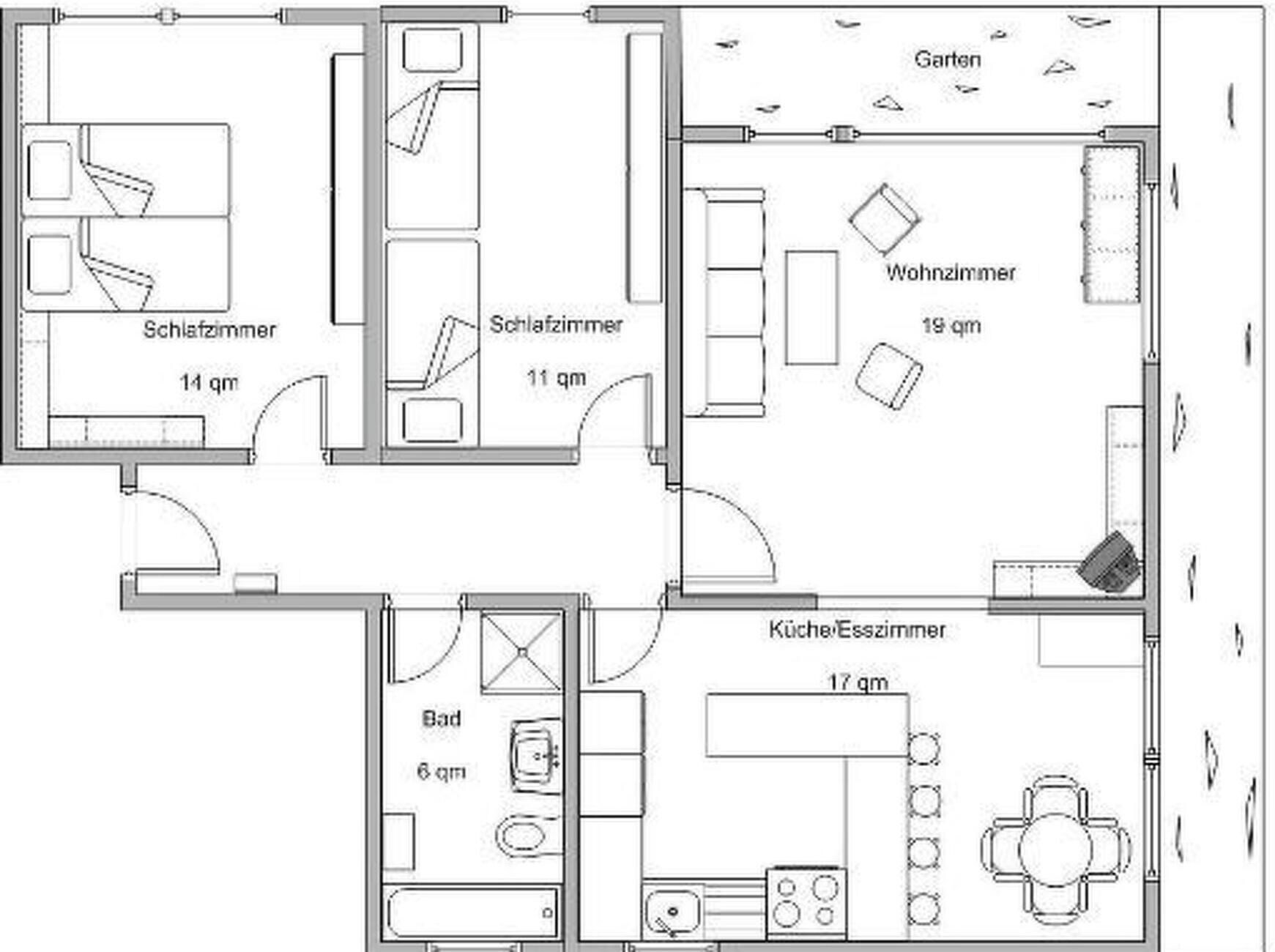 Un plan d’étage comprenant un salon, deux chambres, une salle de bain, une cuisine et un coin repas.