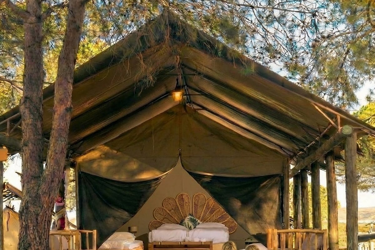 A tented accommodation with a bed, two chairs, and a play area for children.