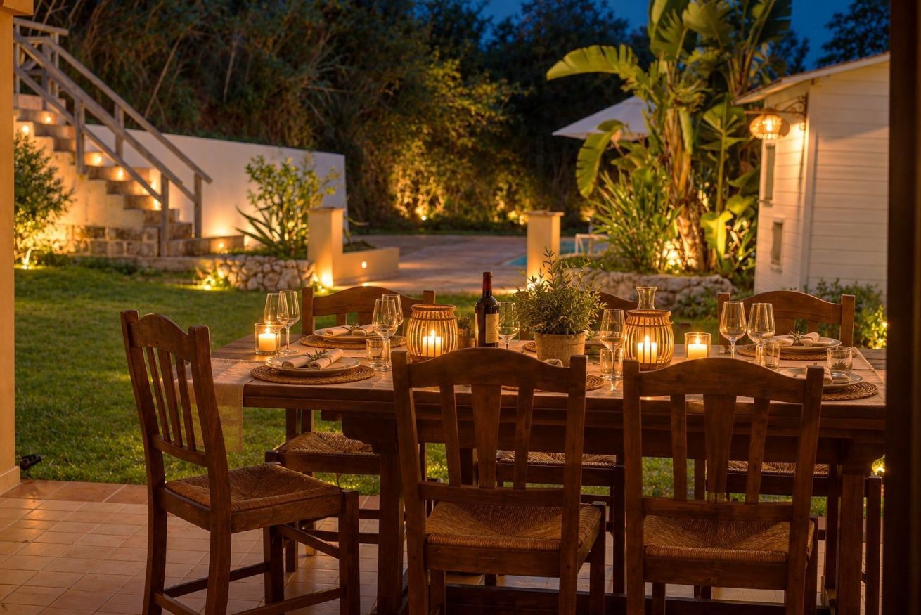 Un espace de restauration en plein air avec une table en bois dressée pour six personnes, entourée de chaises et éclairée par des bougies.
