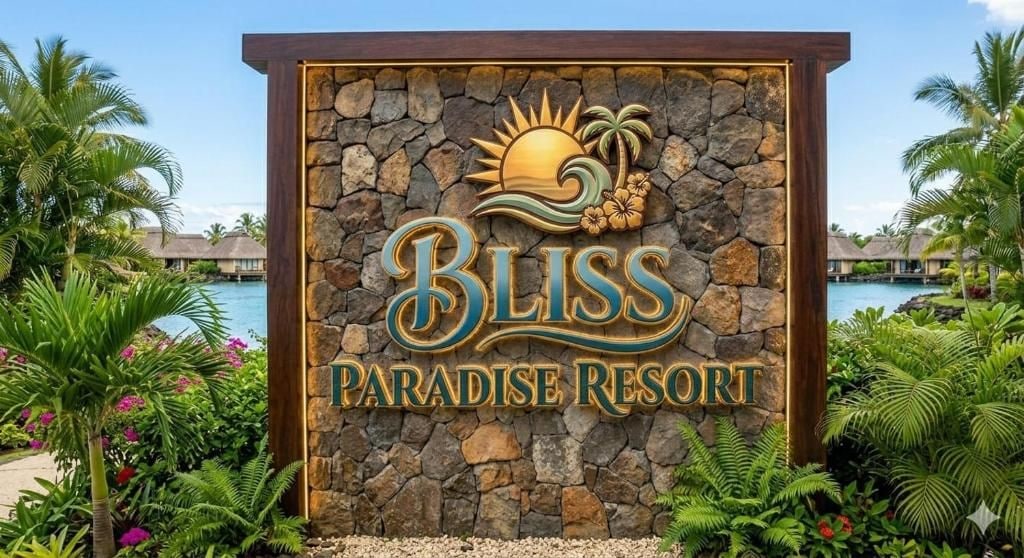 Señal de Bliss Paradise Resort con un fondo de pared de piedra y plantas tropicales.