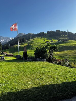 A grassy field with a flagpole, a stone structure, and a small building in the distance. - Buebebärg Ferienhaus, Dusche und Bad, WC, 2 Schlafräume 3.5-Zimmerwohnung by Interhome (Adelboden)