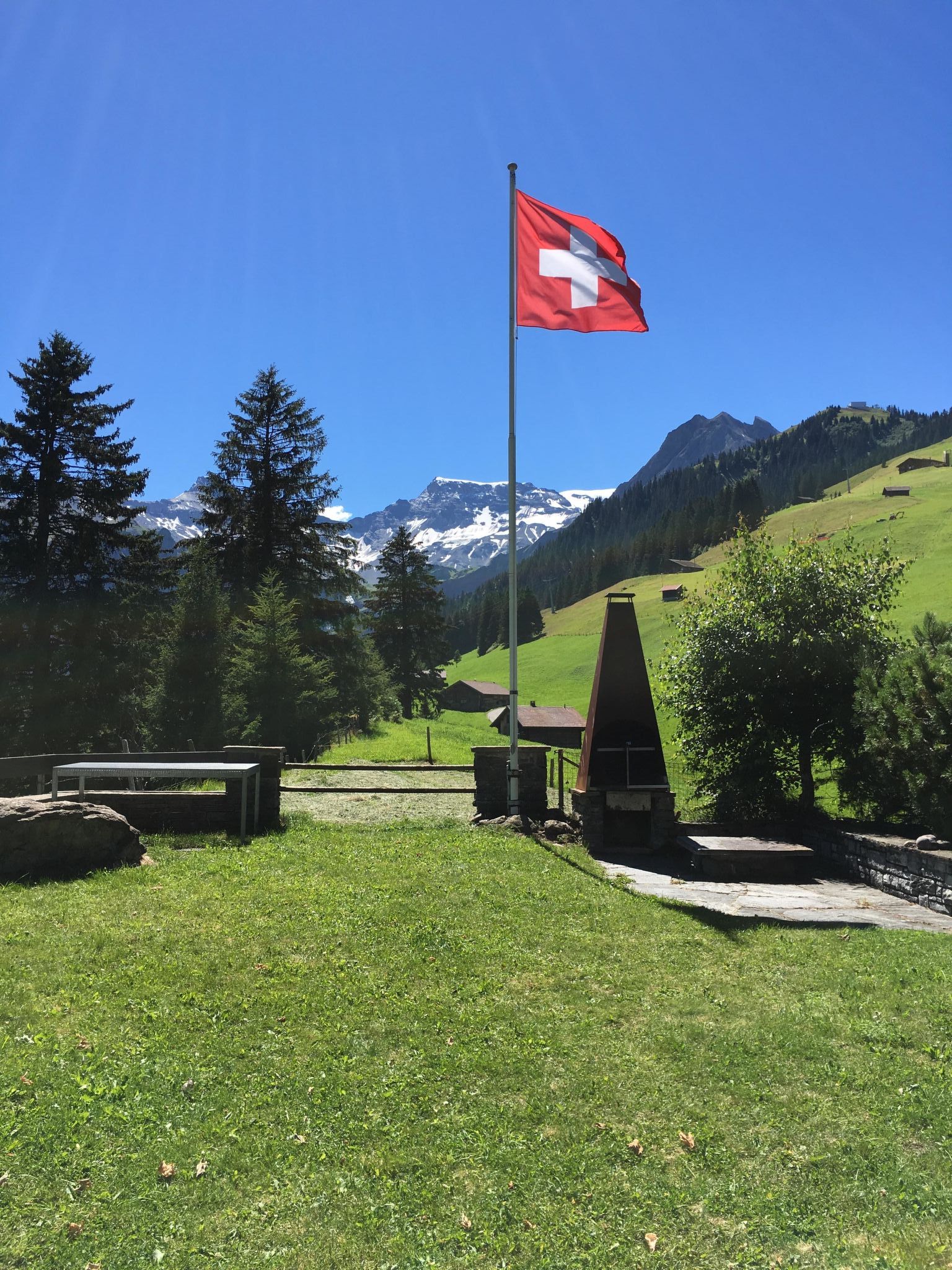 A flagpole with a flag, a picnic table, a barbecue grill, and a mountainous backdrop.