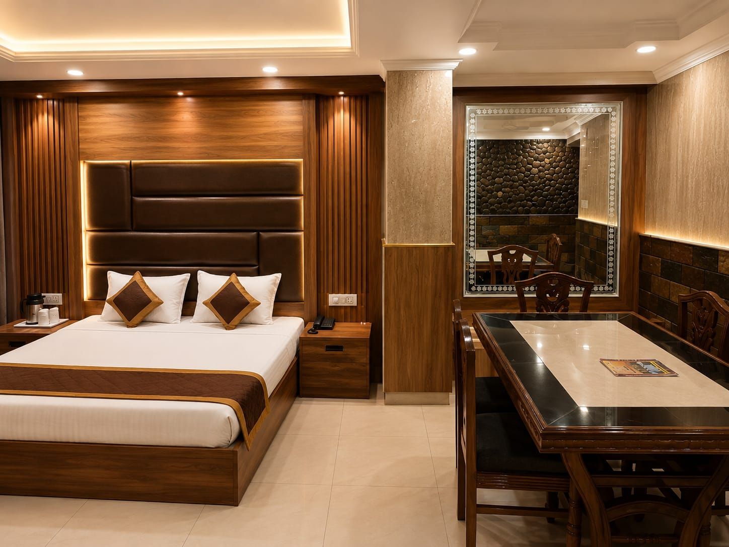 A hotel room with a large bed, bedside tables, a desk with chairs, and a view of a stone wall.