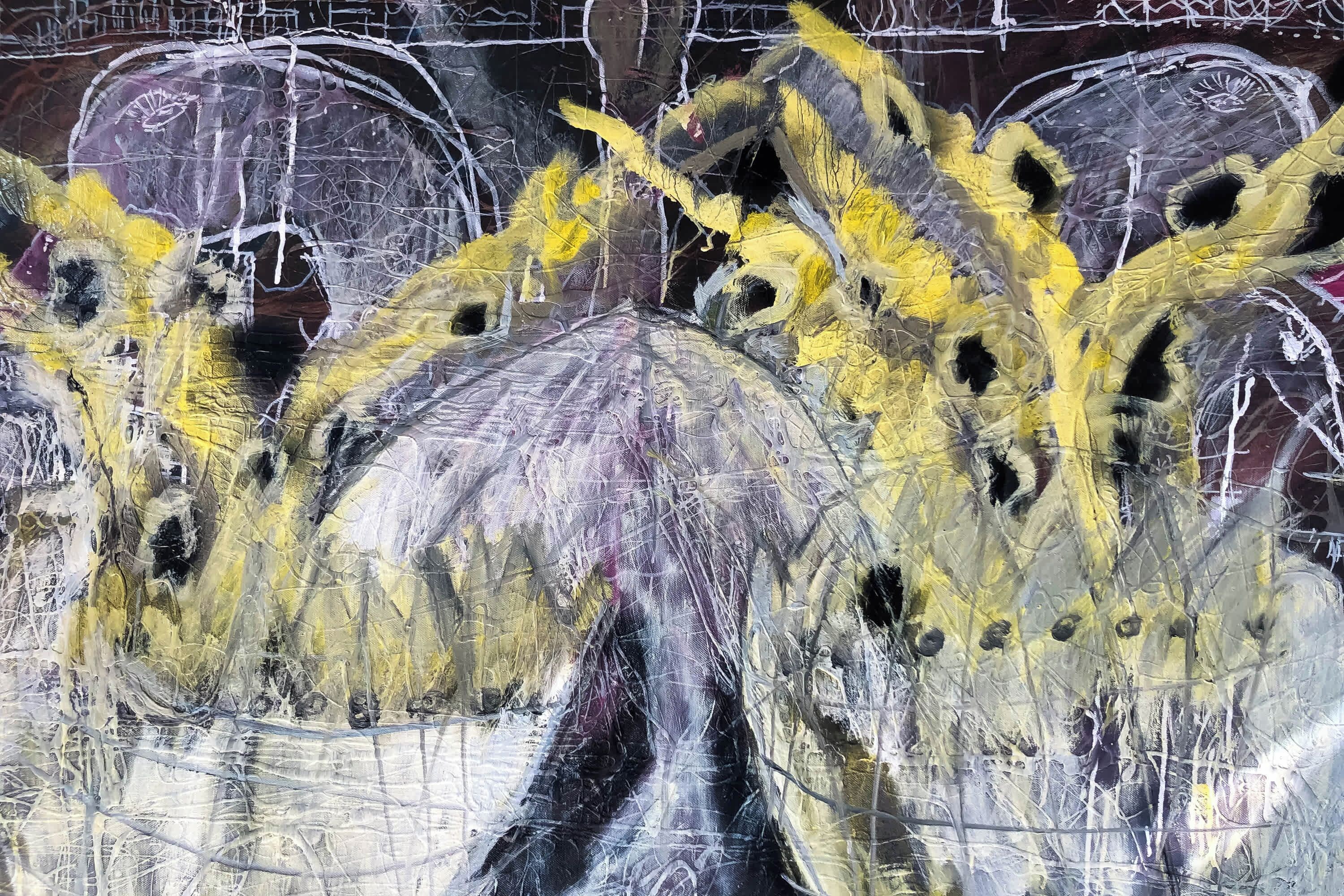 A textured abstract painting with visible brush strokes and splatters.