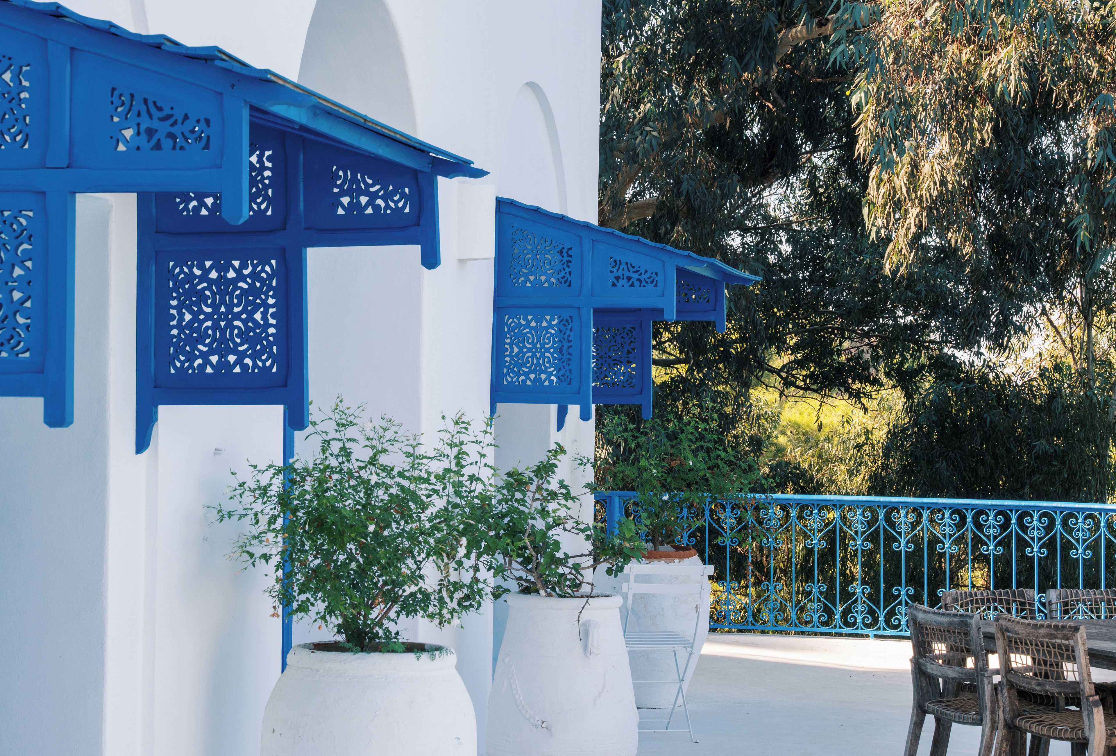A white building with blue decorative elements, a potted plant, and a metal fence.