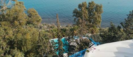 A resort with a pool surrounded by trees, overlooking a body of water.
