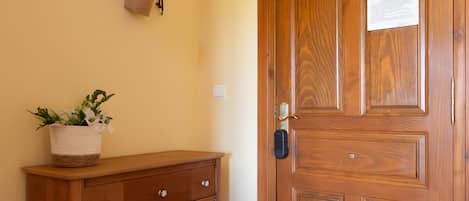 A wooden door with a keyhole and a lock, a wooden cabinet with drawers, a wall-mounted coat rack with a bag, and a potted plant.