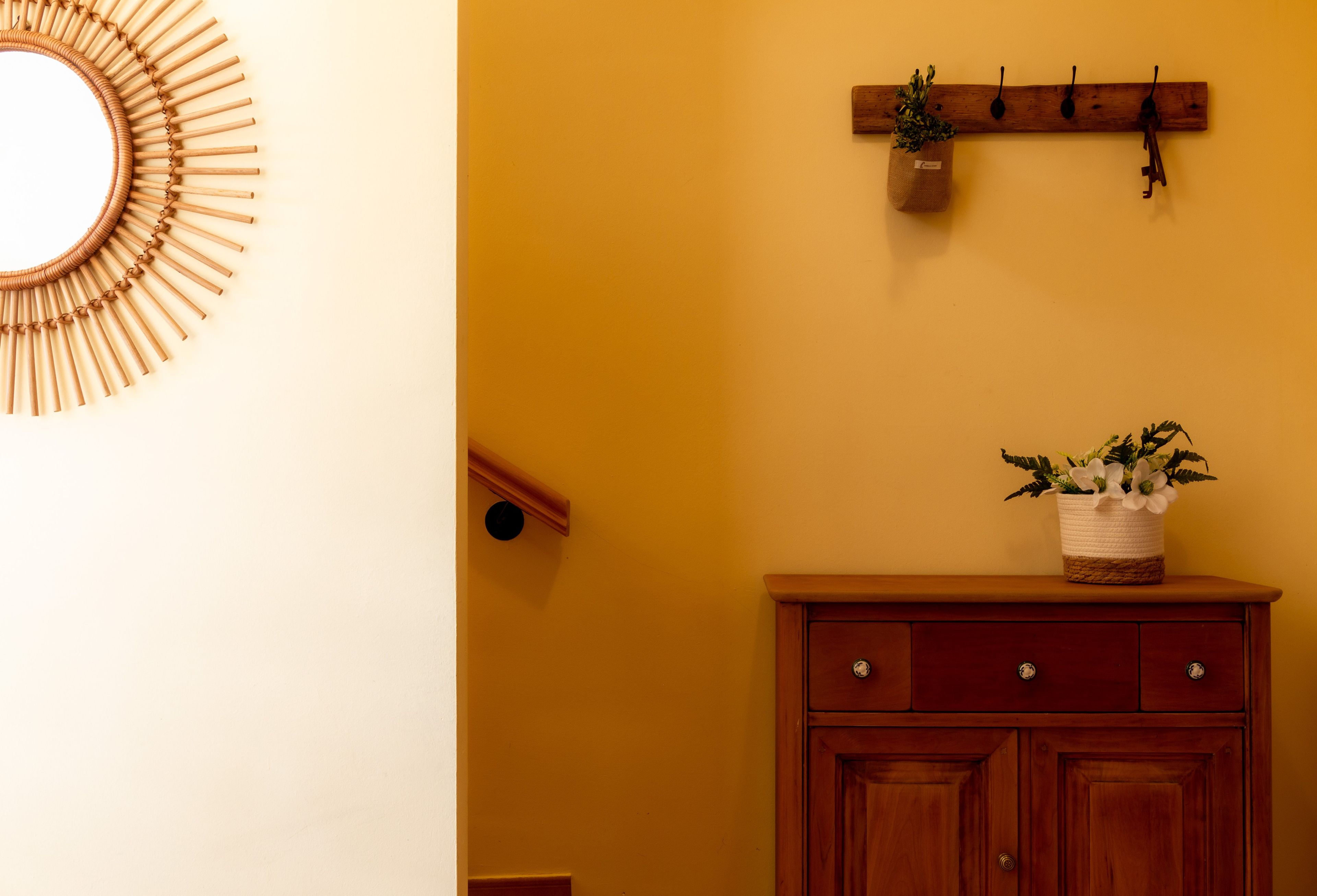 Une pièce comprenant un meuble en bois, un support à plantes fixé au mur et un élément décoratif circulaire sur le mur.