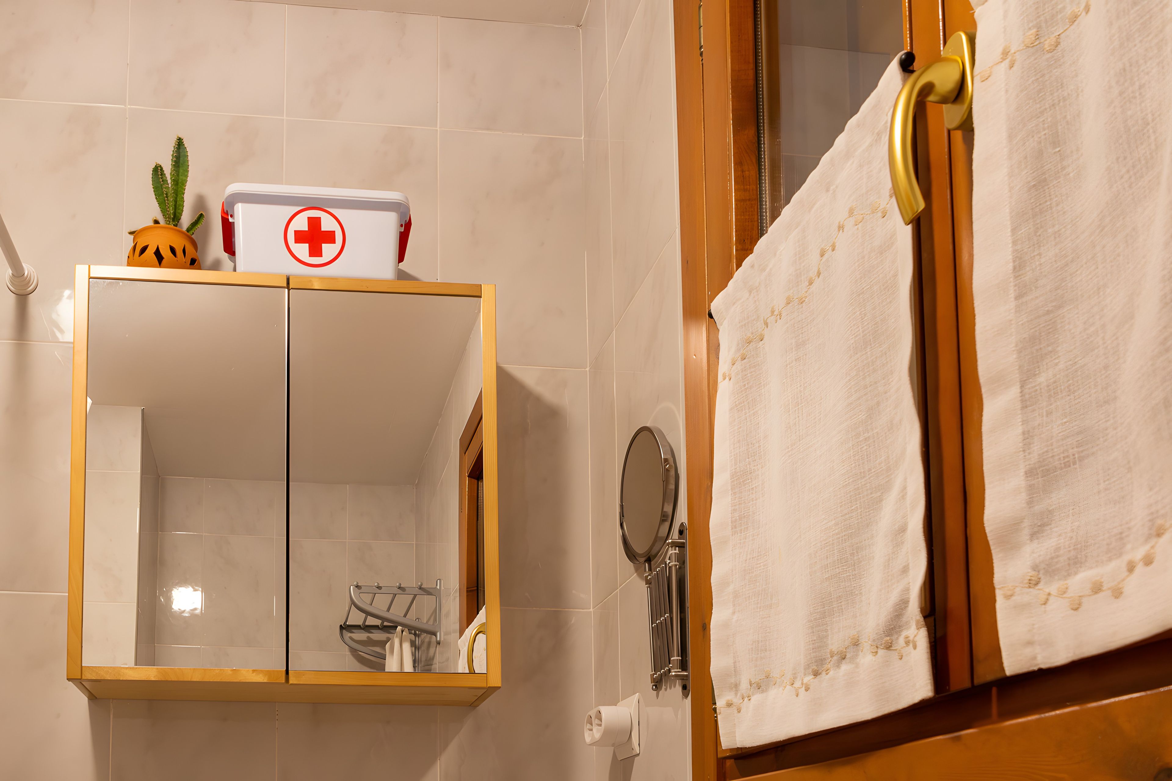Ein Badezimmer mit einem spiegelnden Holzbettrahmen, einem weißen Handtuch auf einem Handtuchhalter und einer medizinischen Erste-Hilfe-Apotheke an der Wand.