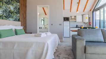 Une chambre d’hôtel moderne équipée d’un lit, d’un coin salon, d’une cuisine et d’une grande fenêtre.