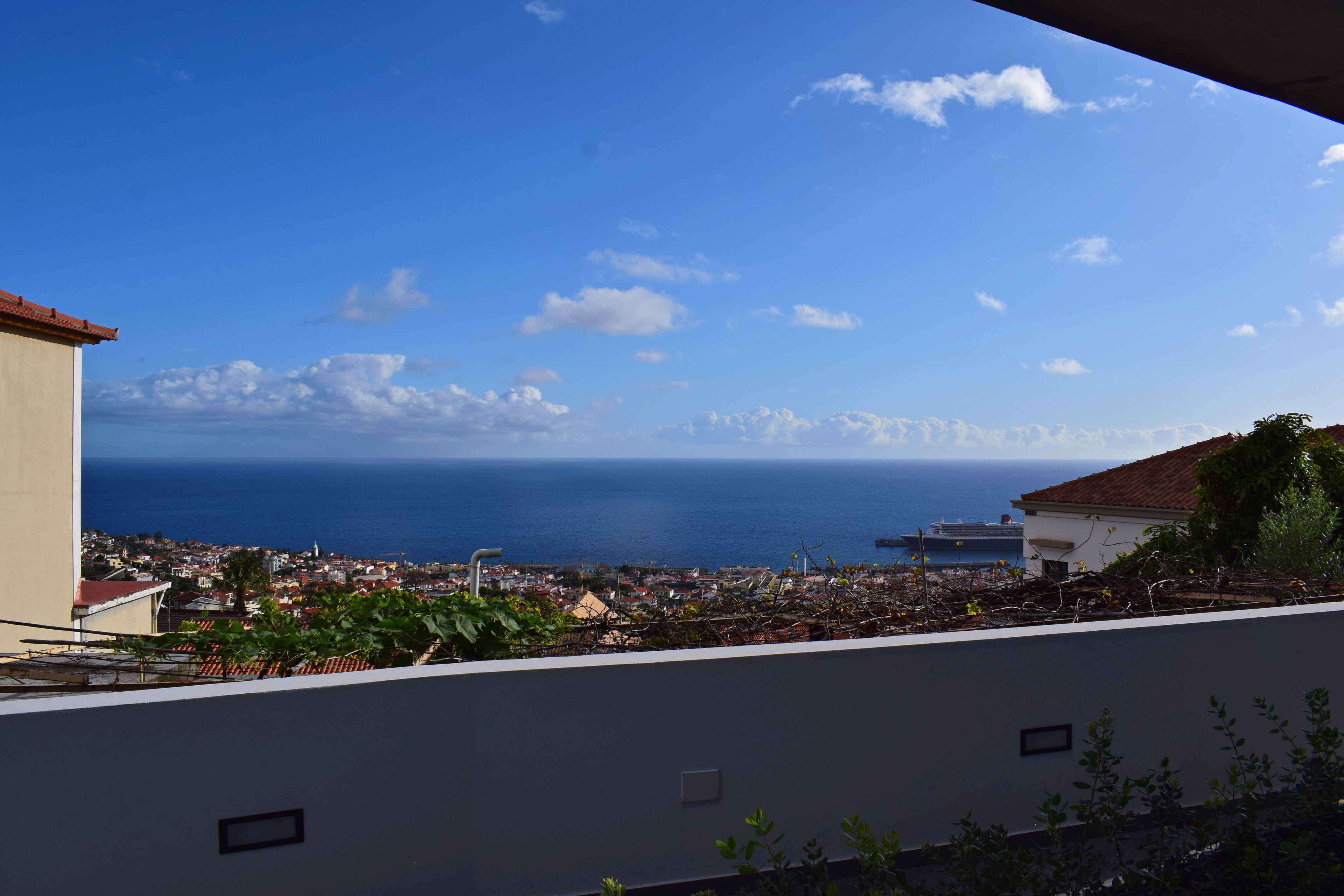Eine Küstenstadtlandschaft mit Blick auf das Meer und einem Kreuzfahrtschiff in der Ferne.