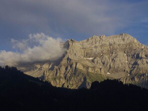 Ein Gebirge mit felsigen Gipfeln und einem bewaldeten Tal.