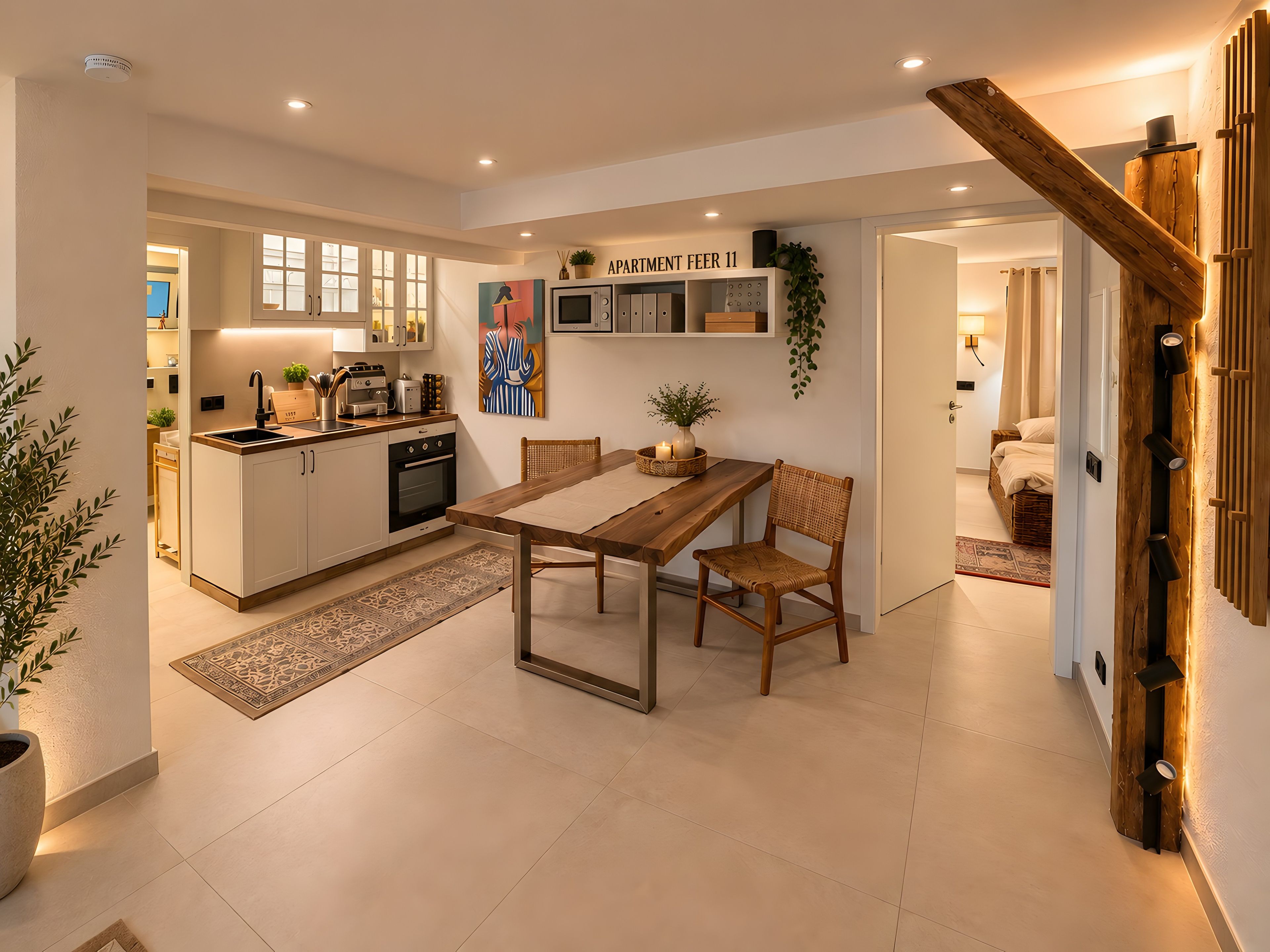 Een moderne keuken met witte kastjes, een houten eettafel en een keukeneiland.