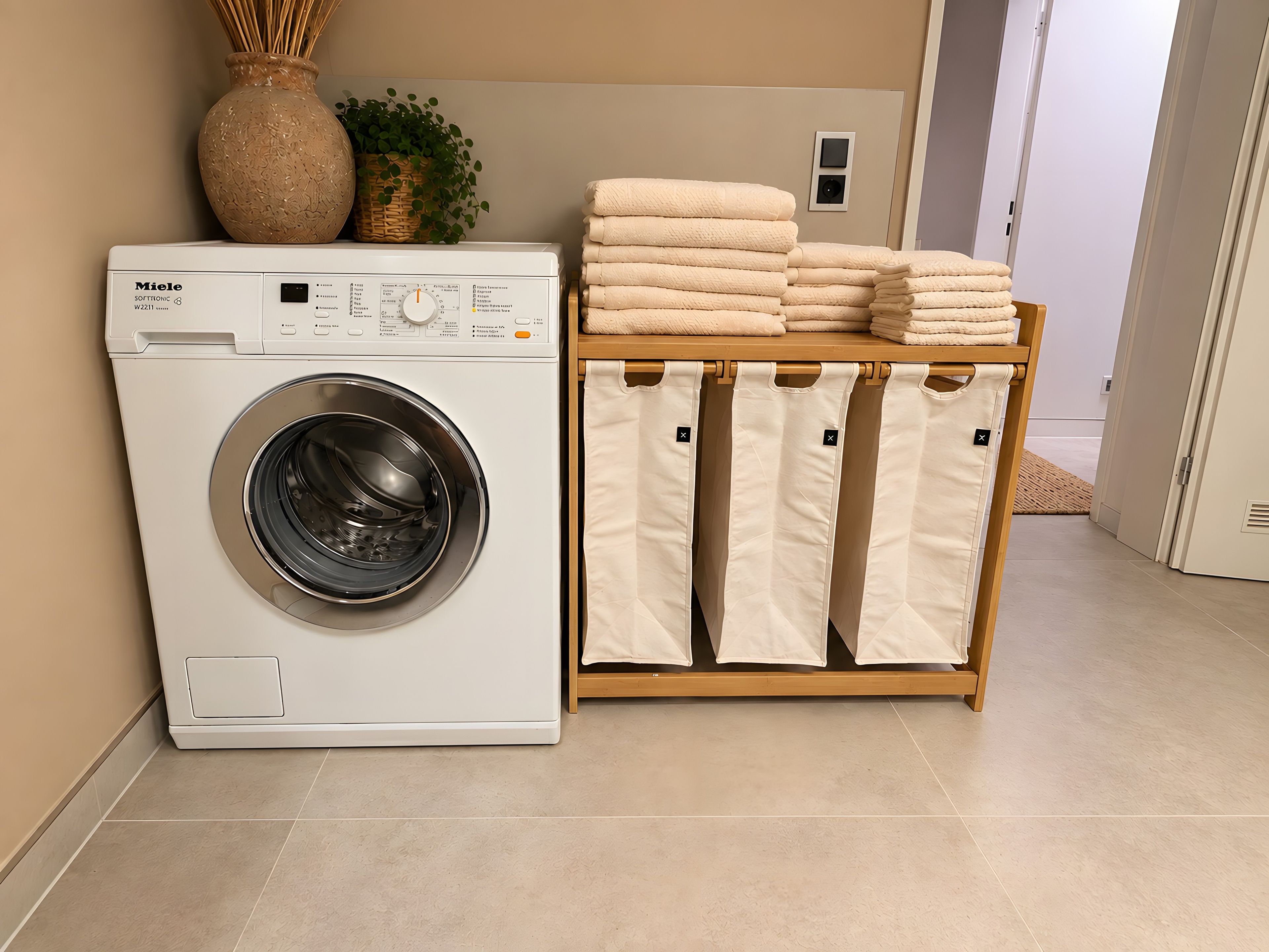 Eine Miele Waschmaschine neben einem Holzregal mit gefalteten Handtüchern und einem Korb mit Grünpflanzen.