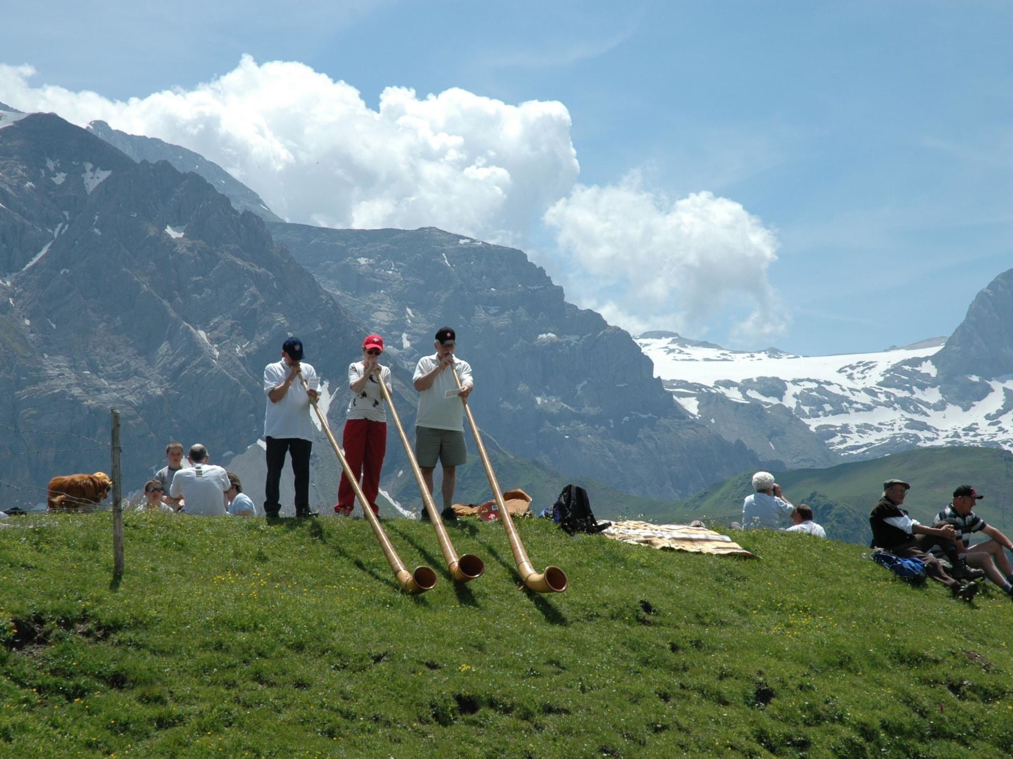 Un groupe de personnes se trouve sur une colline herbeuse, avec des montagnes en arrière-plan.