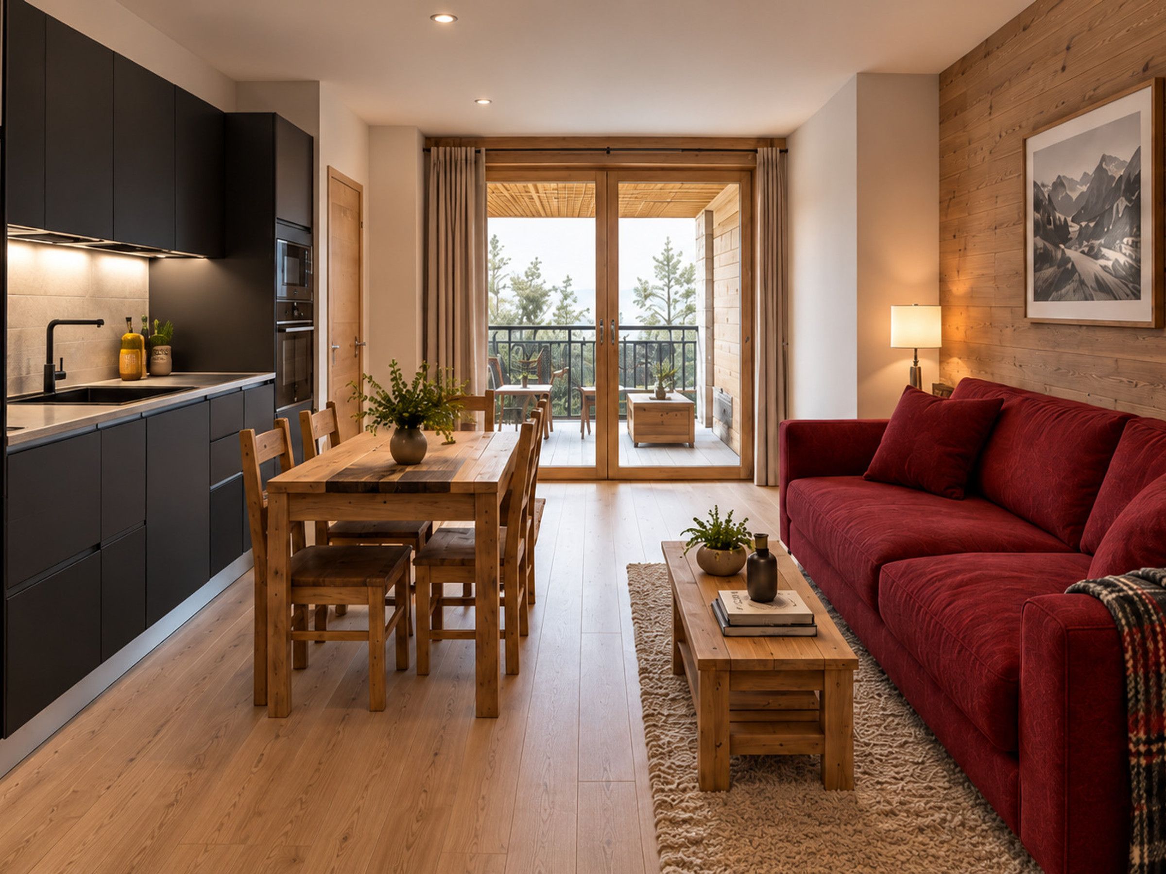 A modern apartment with a kitchen, dining area, and living room.