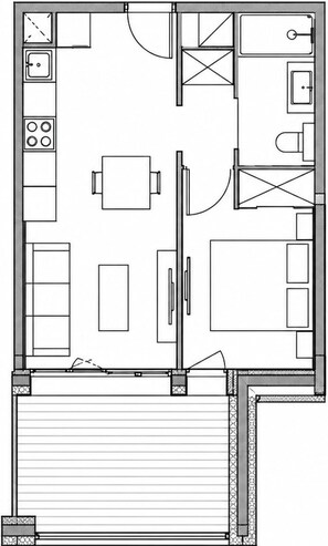 A floor plan with a kitchen, dining area, and a large bedroom. - T2 Apartment, mountain view - 2 guests (Les Deux Alpes)