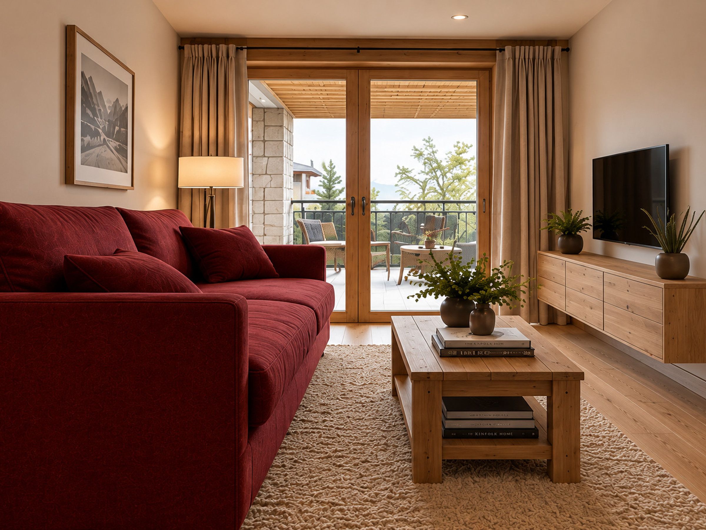 A living room with a red sofa, a wooden coffee table with books, a TV on a wooden cabinet, and a balcony with outdoor furniture.