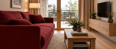 A living room with a red sofa, a wooden coffee table with books, a TV on a wooden cabinet, and a balcony with outdoor furniture.
