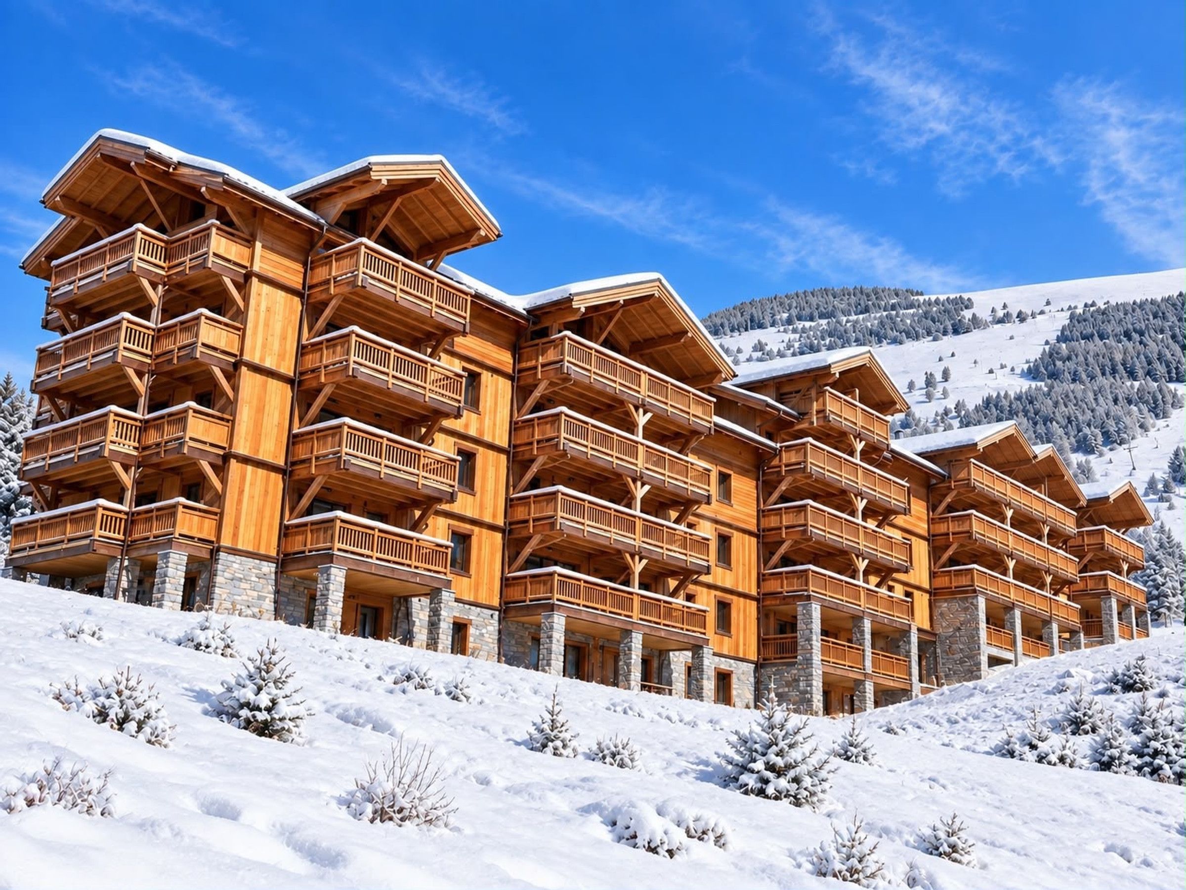 A multi-story wooden lodge with balconies, set against a snowy mountain backdrop.