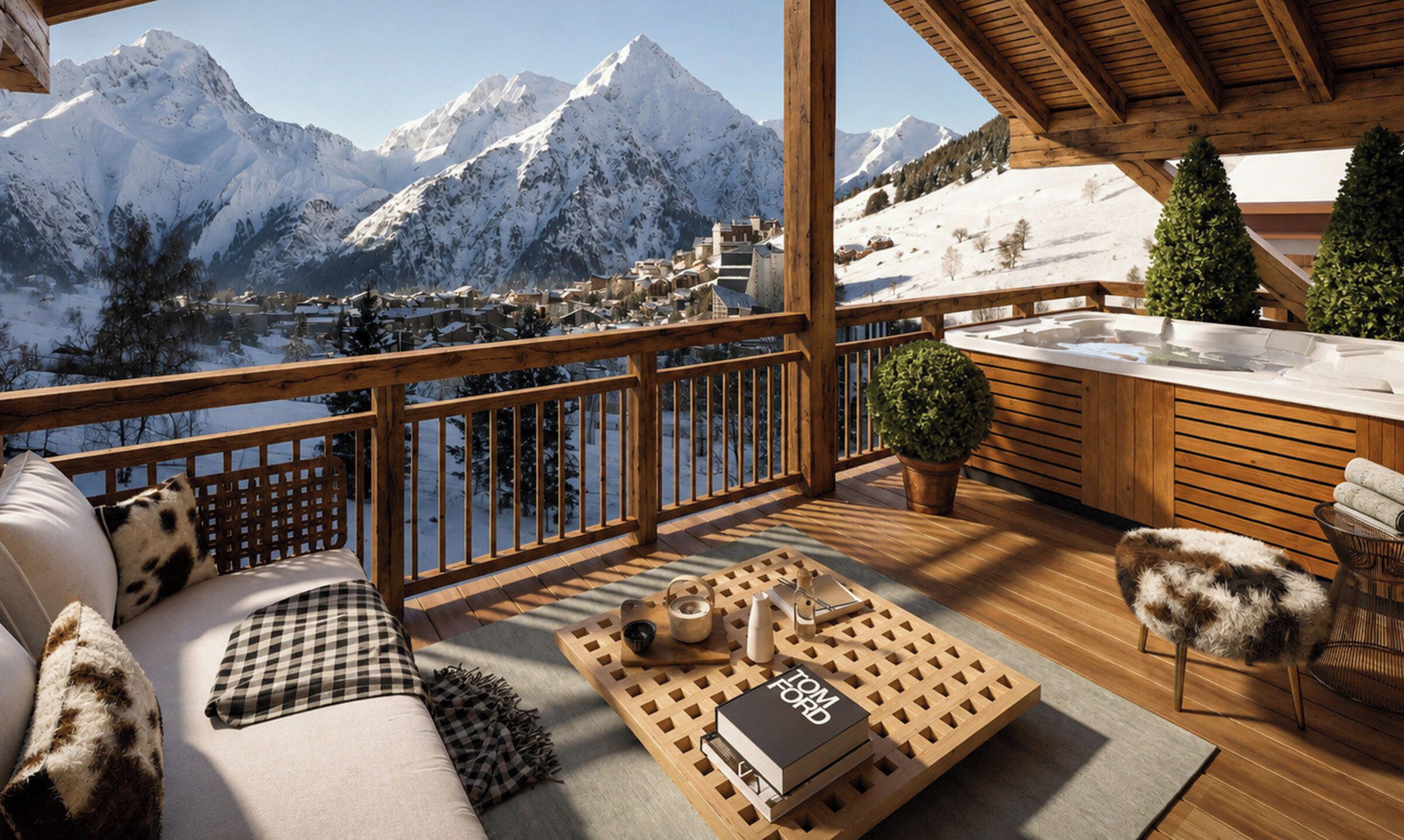 A wooden deck with a sofa, a table with a book, and a view of snow-covered mountains.