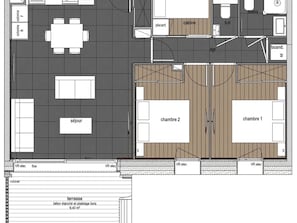 A floor plan of a hotel with two bedrooms, a sitting area, a bathroom, and a dining area. - Apartment with stunning view - 6 guests (Les Deux Alpes)