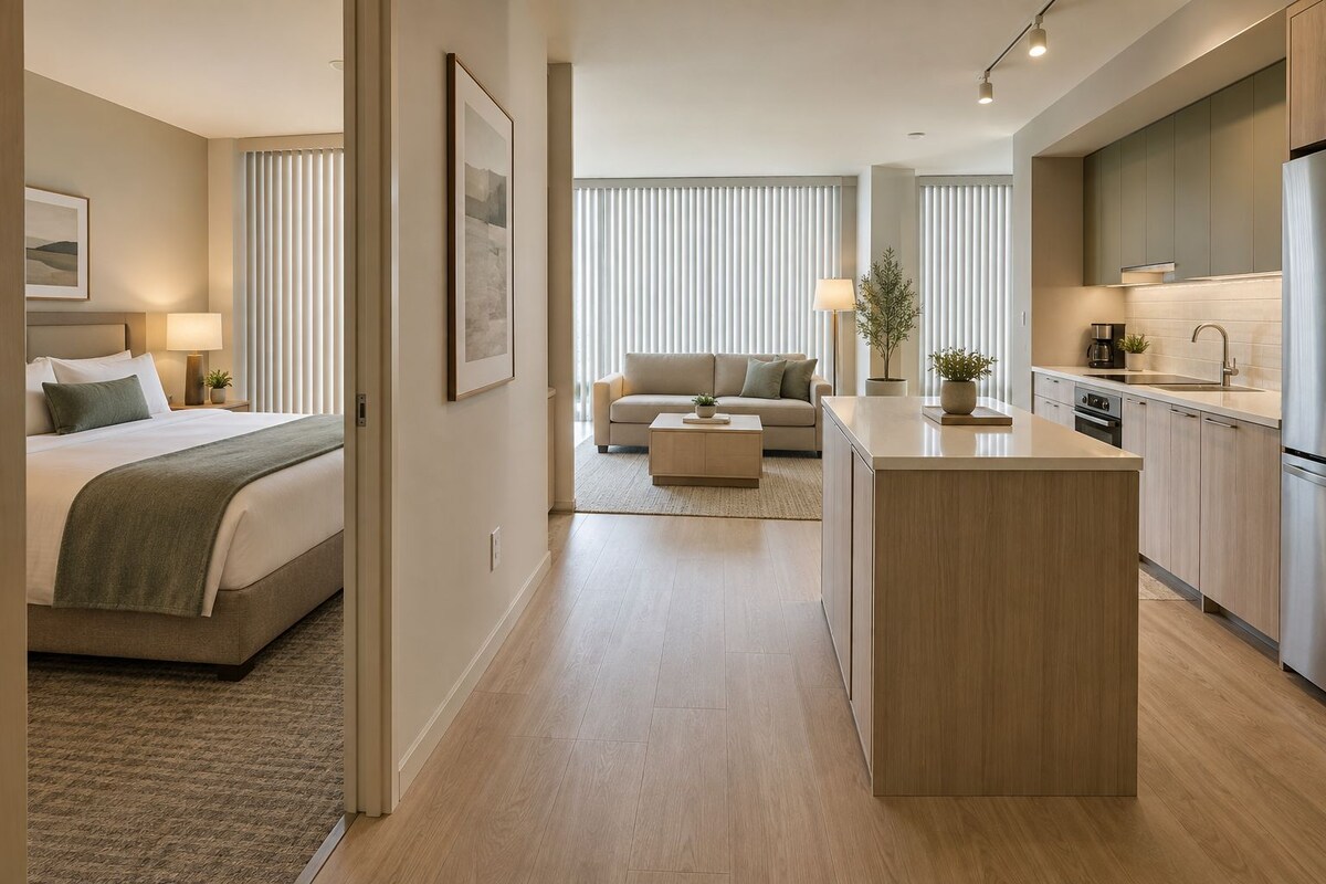 Ein modernes Hotelzimmer mit einem Bett, einer Couch, einem kleinen Couchtisch und einer Küchenzeile mit Kühlschrank und Spüle.