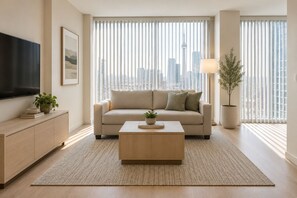 Ein modernes Wohnzimmer mit einer Couch, einem Couchtisch, einem Fernseher und Blick auf die Stadt durch große Fenster.