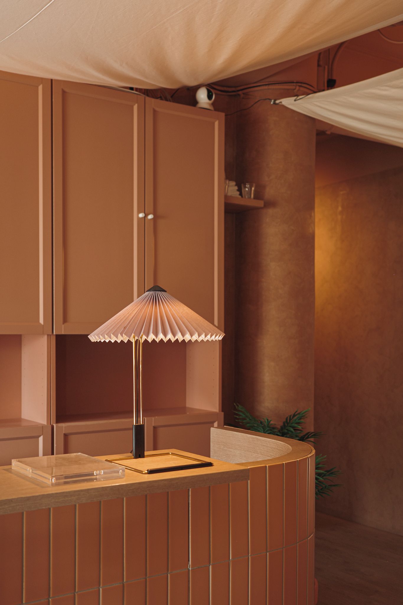 Een kamer met een houten kast, een tafel met een lamp en een plant.