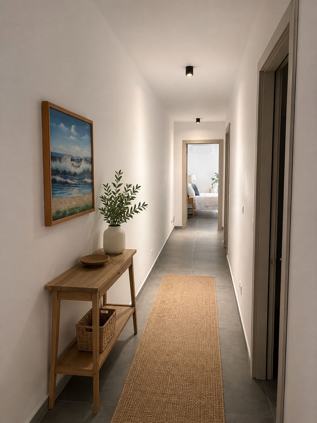 A hallway with a wooden console table, a potted plant, a framed painting, and a view into a bedroom.