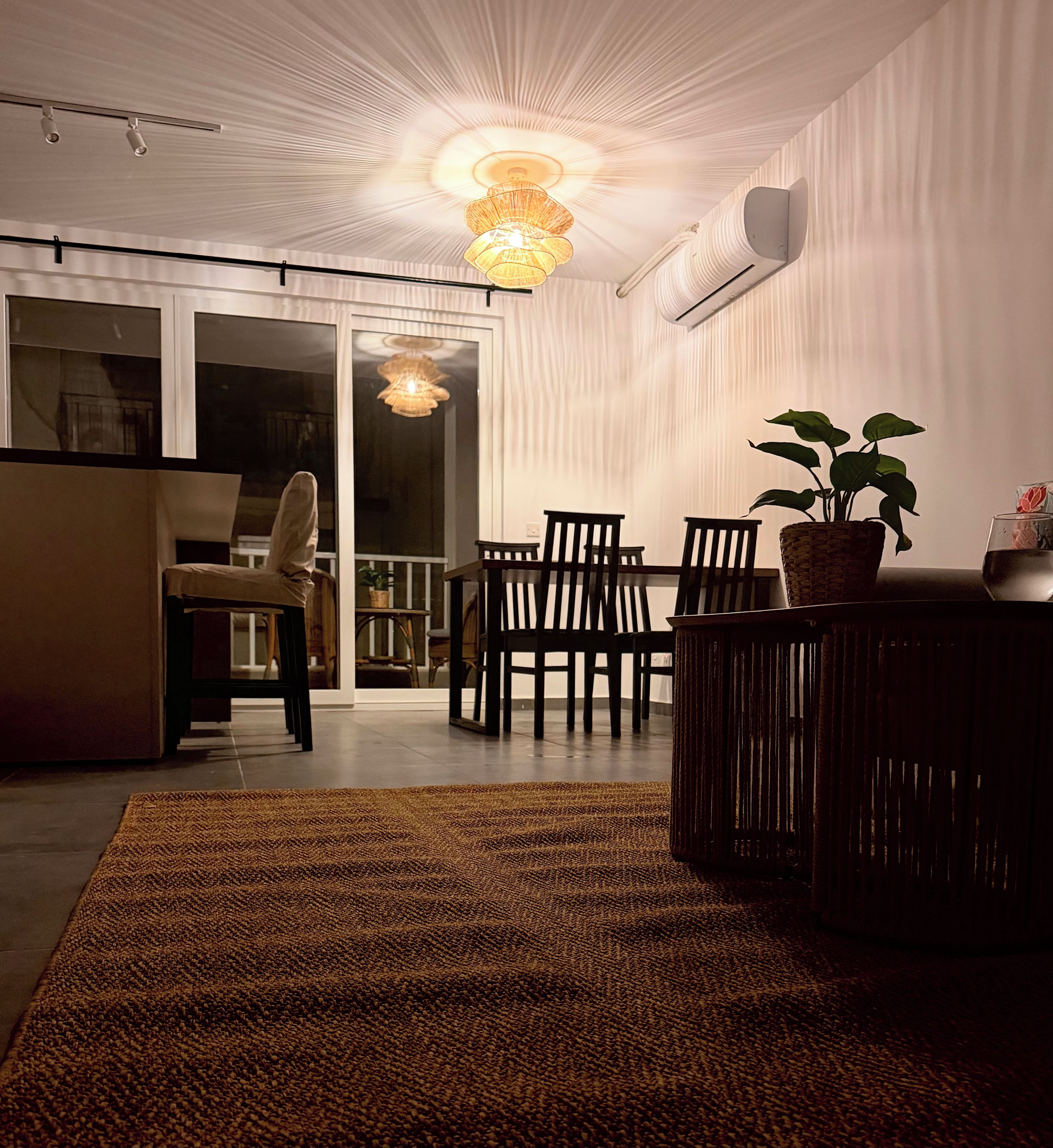 A dining area with a table, chairs, a plant, and a hanging light fixture.