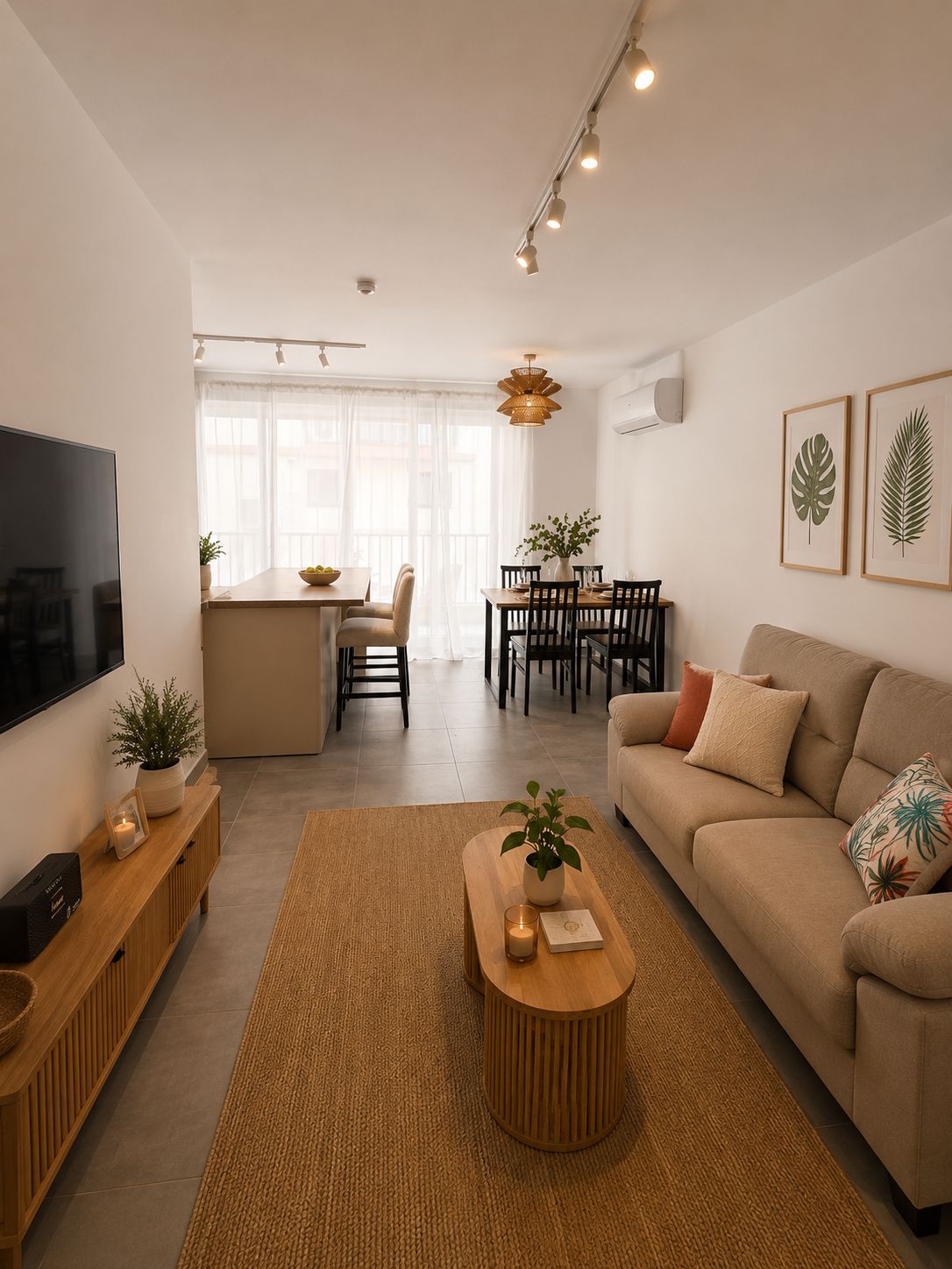 A modern living room with a sofa, coffee table, and TV. There is a dining area with chairs and a table.