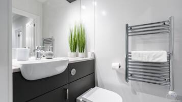 Shower, hair dryer, towels
