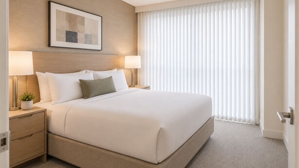 Ein Hotelzimmer mit einem großen Bett, zwei Nachttischen, einem Wandbild und einem Fenster mit Jalousien.