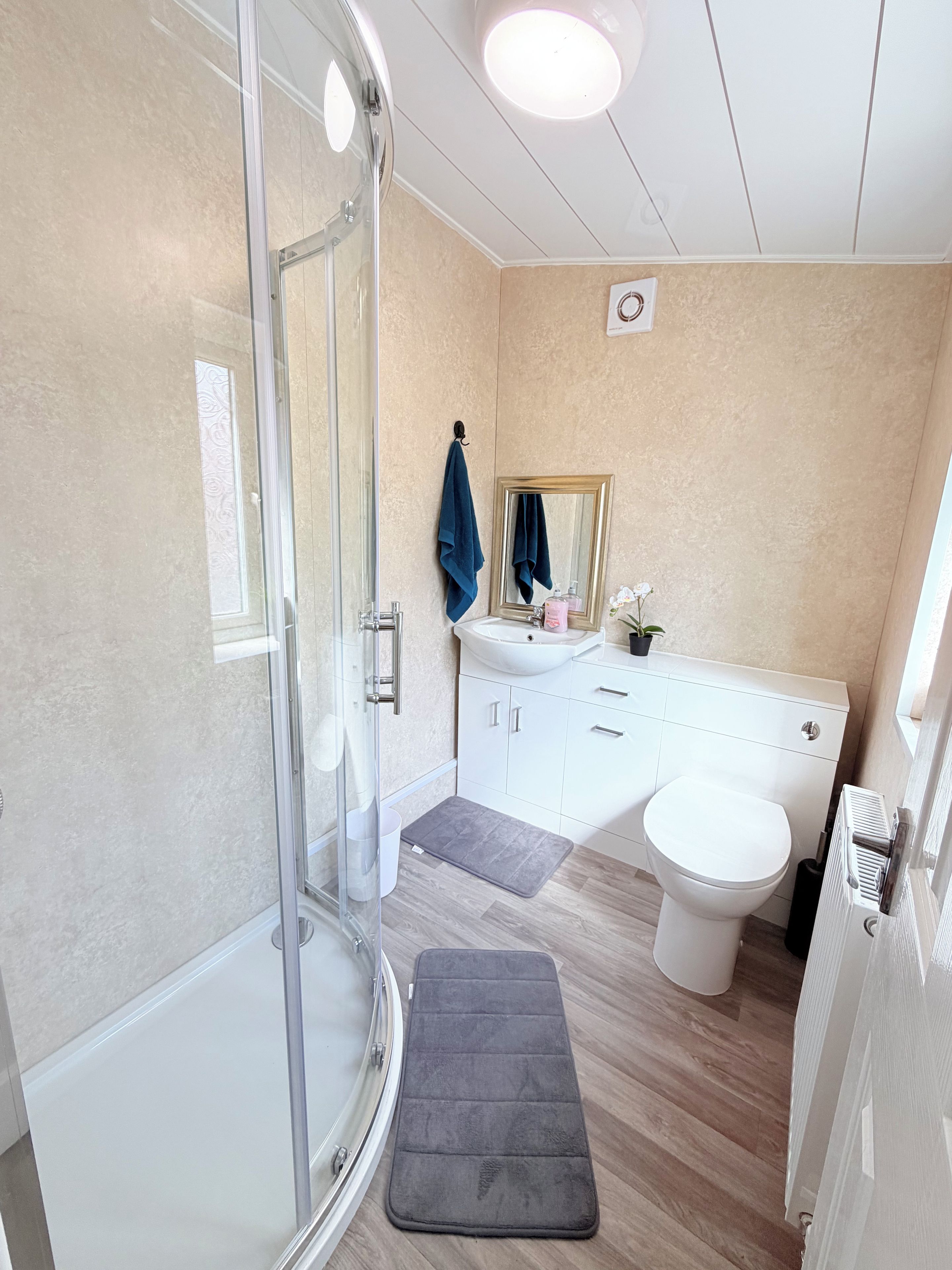 A bathroom with a glass shower enclosure, a white sink, a toilet, and a small step leading to the shower.